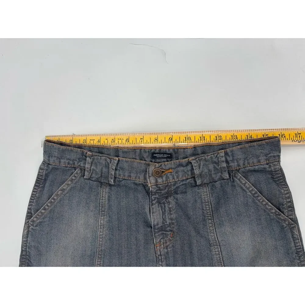 Vintage American Eagle Skirt Womens 8 Gray Blue Denim Jean Stripe Y2K 90s Pocket